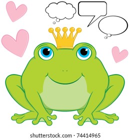 El vector adorable personaje de caricatura de príncipe de rana sentado con una corona.  Alrededor de él hay corazones para representar el amor en el aire.  Se incluyen algunas burbujas de habla y pensamiento.  Gradiente libre.
