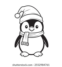Vector of A cute Frosty the Penguin wearing a Santa clause hat and scarf on white background