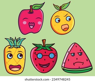 vectorial linda ilustración de fruta manzana, piña, fresa, naranja, sandía