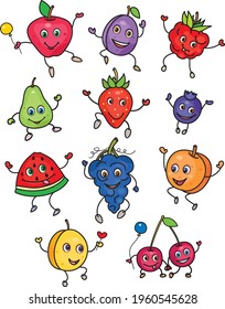 Vector cute fruits and berries cartoons.