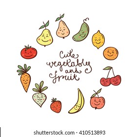 Vector cute fruits and vegetables concepts and icon. Circle composition
,