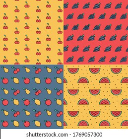 Vector cute fruity pattern set with apple, lemon, cherry, watermelon, grapes, orange and 
pear. Summer fruits. 