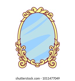 Vector Cute Full Big Stand Mirror With Golden Frame. Royal Luxury Looking Glass For Queen, Princess, Girl. Decorative Cartoon Object. Vintage Fairytale Element. Graphic Isolated On White Background