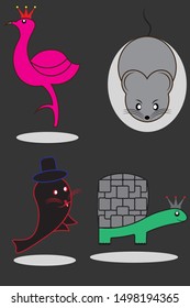 Vector Cute and Full Color Animal Characters Turtle, Flamingo, Mouse and Sea Lion.