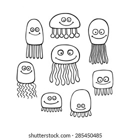 Vector cute and fun jellyfish set. Hand drawn doodle medusa. Isolated silhouette.