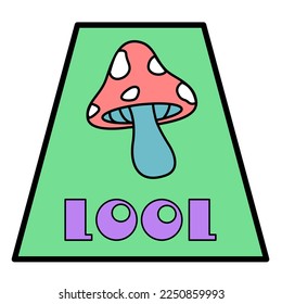Vector cute fun templates with patches LOOL. Stickers mushroom in 90s style. Geek hipster vaporwave stickers mushroom  in geometric shapes. Modern symbols in y2k aesthetic with text.