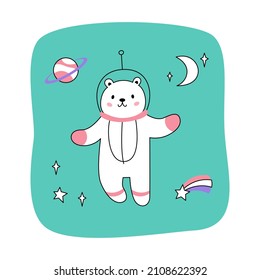 Vector cute funny astronaut bear in space suit with stars, moon and planet. Hand drawn vector illustration. Flat line design.