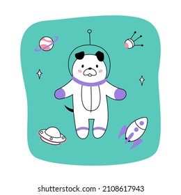 Vector cute funny astronaut dog in spacesuit with stars, planet, satellite, spaceship, rocket. Hand drawn vector illustration. flat line design