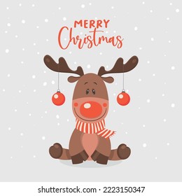 Vector Cute and Funny Brown Reindeer with Scarf and Christmas Balls on Horns in Flat Style. Cartoon Christmas Deer for Christmas, New Year 2023 Greeting Card, Poster, T-shirt Print