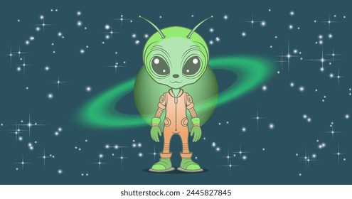 Vector cute funny cartoon green alien wearing orange overalls. A Saturn type planet with luminous rings. International Cosmonautics Day.