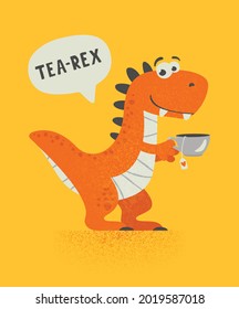 Vector Cute and Funny Cartoon Hand Drawn Dinosaur Drinking Hot Tea Beverage, Holding Cup of Tea. Kids, Children s Illustration, Print