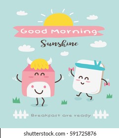 Vector Cute Funny Cartoon Milk With Bread. Mascot Vector Design.
