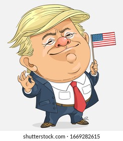 Vector. Cute funny cartoon president Donald Trump with united states flag. Showing ok sign. Isolated on a light gray background. Washington - 2020
