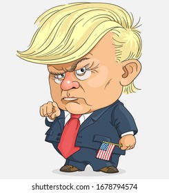 Vector. Cute funny cartoon president Donald Trump with united states flag.  Isolated on a light gray background. Washington - 2020