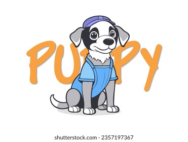 Vector cute funny cartoon sitting white and gray puppy in a blue overalls and a cap on a white isolated background.