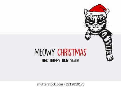 Vector Cute Funny Cat, Kitty with Santa Hat, Line Art. Kitten with Banner Design Template for New Year 2023 Greeting Card, Christmas Poster, Print, Kids Design