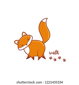 Vector cute funny character. Fox walking. Sticker, for packaging, cards, posters. Illustration isolated on white background. Vector