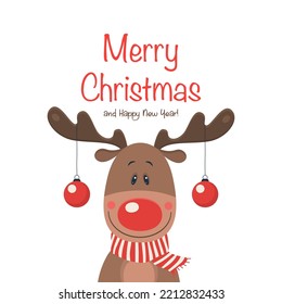 Vector Cute and Funny Christmas Deer. Cartoon Christmas Reindeer, Design Template for New Year 2023 Card, Christmas Poster, Sticker, T-shirt Print, Kids Design