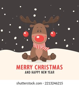 Vector Cute and Funny Christmas Deer. Cartoon Christmas Reindeer, Design Template for New Year 2023 Card, Christmas Poster, Sticker, T-shirt Print, Kids Design