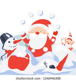 Vector cute  funny christmas illustration with santa, snowman, elf and snow. Greeting card new year celebration  with santa characters cartoon.