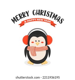 Vector Cute and Funny Christmas Penguin with Headphones and Striped Scarf. Cartoon Christmas Design Template for New Year 2023 Card, Christmas Poster, Sticker, T-shirt Print, Kids Design