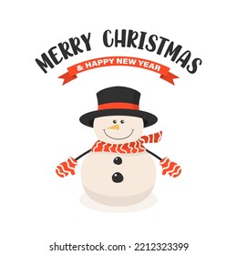 Vector Cute and Funny Christmas Snowman with Black Hat, Striped Scarf and Mittens. Cartoon Christmas Design Template for New Year 2023 Card, Christmas Poster, Sticker, T-shirt Print, Kids Design