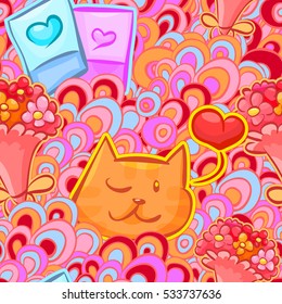 Vector cute funny doodle seamless pattern, valentines day background