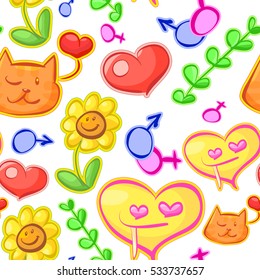 Vector cute funny doodle seamless pattern, valentines day background