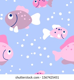 vector cute funny fish seamless pattern on blue illustration