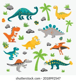 Vector Cute and Funny Flat Dinosaurs - T-rex, Stegosaurus, Velociraptor, Pterodactyl, Brachiosaurus, Ankylosaurus, Diplodocus, Spinosaurus, Brontosaurus, Triceratops. Dinosaur Set Isolated on White