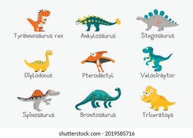 Vektor Cute und Funny Flat Dinosaurier mit Titeln - T-rex, Stegosaurus, Velociraptor, Pterodactyl, Brachiosaurus, Ankylosaurus, Diplodocus, Spinosaurus, Brontosaurus, Triceratops. Dinosauriersatz einzeln