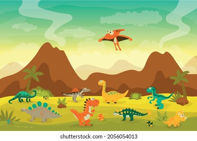 Vektor Cute and Funny Flat Dinosaurier - T-rex, Stegosaurus, Velociraptor, Pterodactyl, Brachiosaurus, Ankylosaurus, Diplodocus, Spinosaurus, Brontosaurus, Triceratops. Dinosaurier-Set. Naturlandschaft