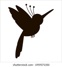 Vector cute funny flying paradise bird silhouette isolated on white background. Funny tropical exotic bird illustration. Black shadow picture for children. Jungle summer clip art

