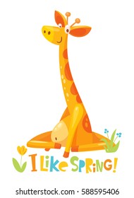 Vector cute funny giraffe with flowers. Giraffe sits on the grass. I like spring illustration. 