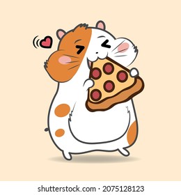 Vector Cute funny hamster bites a slice of pizza