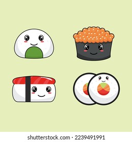 Vector cute funny happy shusi, maki, rolls cartoon character collection