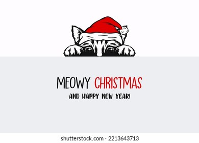 Vector Cute Funny Hiding Peeping Kitten, Cat, Kitty with Santa Hat, Line Art. Kitten with Banner Design Template for New Year 2023 Greeting Card, Christmas Poster, Print, Kids Design