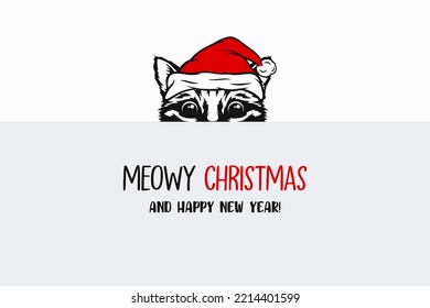 Vector Cute Funny Hiding Peeping Kitten, Cat, Kitty with Santa Hat, Line Art. Kitten with Banner Design Template for New Year 2023 Greeting Card, Christmas Poster, Print, Kids Design