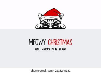 Vector Cute Funny Hiding Peeping Kitten, Cat, Kitty with Santa Hat, Line Art. Kitten with Banner Design Template for New Year 2023 Greeting Card, Christmas Poster, Print, Kids Design