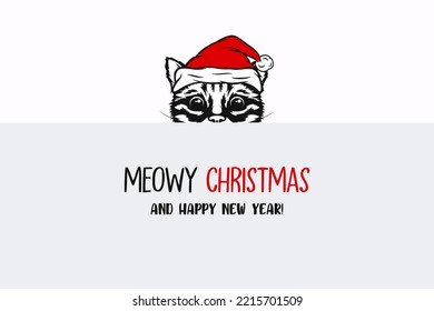 Vector Cute Funny Hiding Peeping Kitten, Cat, Kitty with Santa Hat, Line Art. Kitten with Banner Design Template for New Year 2023 Greeting Card, Christmas Poster, Print, Kids Design