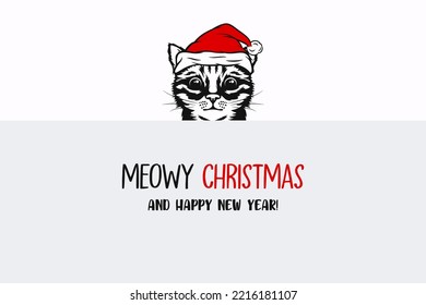 Vector Cute Funny Hiding Peeping Kitten, Cat, Kitty with Santa Hat, Line Art. Kitten with Banner Design Template for New Year 2023 Greeting Card, Christmas Poster, Print, Kids Design