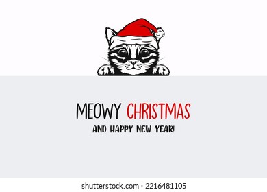 Vector Cute Funny Hiding Peeping Kitten, Cat, Kitty with Santa Hat, Line Art. Kitten with Banner Design Template for New Year 2023 Greeting Card, Christmas Poster, Print, Kids Design