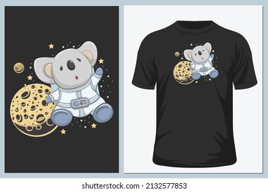 Vector cute funny koala astronaut in spacesuit with stars, moon, planet, spaceship. Hand drawn vector illustration. For t shirt and sticker