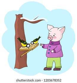 Vector cute funny little piggy is feeding crumbs and sunflower seeds in the feeder birds chickadees in the winter. Symbol of 2019 new year.