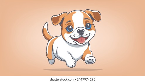 Vector cute funny little red and white cartoon running and jumping puppy. Cheerful kind friendly pet. Beautiful adorable doggy. Canine friend.