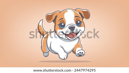 Vector cute funny little red and white cartoon running and jumping puppy. Cheerful kind friendly pet. Beautiful adorable doggy. Canine friend.