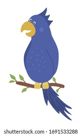 Vector lindo loro gracioso sentado en un brunch de árbol aislado en fondo blanco. Graciosa ilustración tropical exótica de pájaros. Fotografía plana brillante para niños. Pintura de verano de la jungla