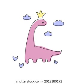 vector cute funny pink dinosaur princess in crown children pattern for textile postcard paper blue clowds funny cartoon girl character 