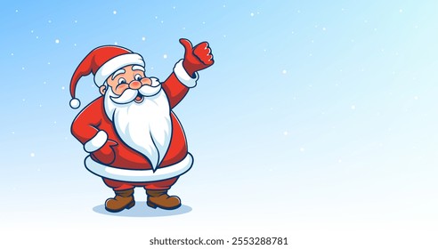 Vector cute funny plump cartoon good natured Santa Claus with raised hand and thumb up. Fairytale mythical holiday character. Merry Christmas and Happy New Year. Greeting card or flyer template