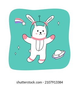 Vector cute funny rabbit astronaut in spacesuit with stars and spaceship. Hand drawn vector illustration. flat line design
